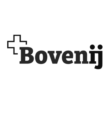 Black text Bovenij next to a black outline of a cross and an ev charging symbol on a transparent background.