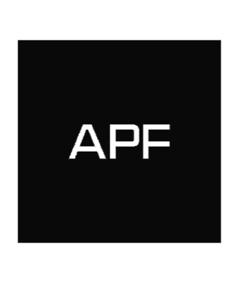 Black square with the bold, uppercase letters APF centered in the middle in a slightly lighter shade of black, evoking a modern vibe reminiscent of electric cars or charging stations.