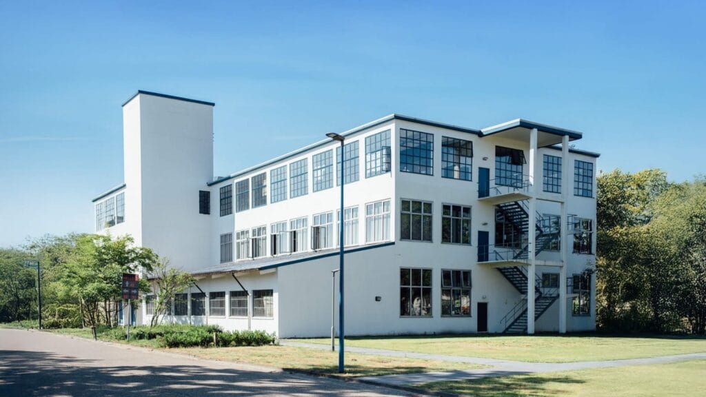 A modern white building with large rectangular windows and external metal stairs, surrounded by greenery and located next to a paved path under a clear blue sky, features convenient EV charging stations nearby.