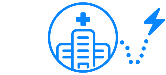 Blue icon of a hospital with a cross on top, encircled, shown next to a lightning bolt and several dots—symbolizing free loading stations for EVs—all displayed on a transparent background.