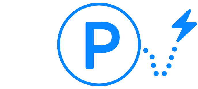 Blue P for parking inside a circle, with a lightning bolt and five dots to the right, symbolizing free loading stations for electric cars. The background is transparent.