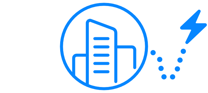 Blue outline of tall buildings inside a circle, with a blue lightning bolt symbolizing EV charge and several blue dots to the right, on a transparent background.