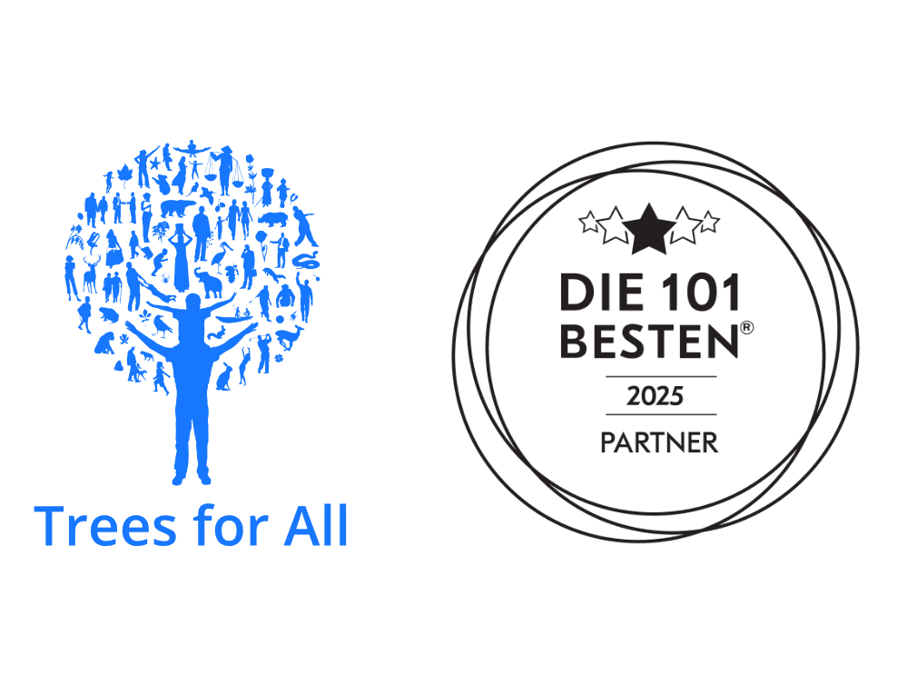 A blue tree graphic made of human silhouettes with text Trees for All on the left, and a black circular badge with DIE 101 BESTEN 2025 PARTNER and three stars on the right—perfect for EV charging or free loading stations.