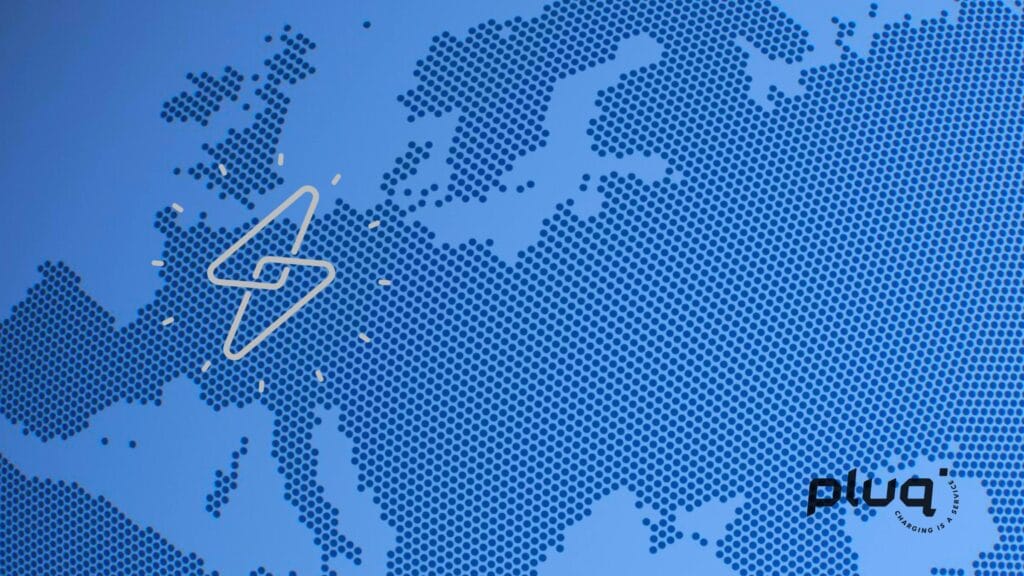 A stylized blue map of Europe made of hexagonal dots features a lightning bolt icon over central Europe, symbolizing ev charging. The word pluq appears in black in the bottom right corner, highlighting innovative companies.