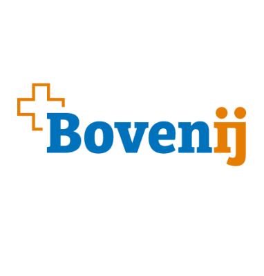Logo of BovenIJ, featuring a blue Boven and orange ij, with an orange medical cross symbol to the left above the text. The tagline Aandacht voor jou appears underneath in smaller blue text, highlighting care with renewed energy and charge.