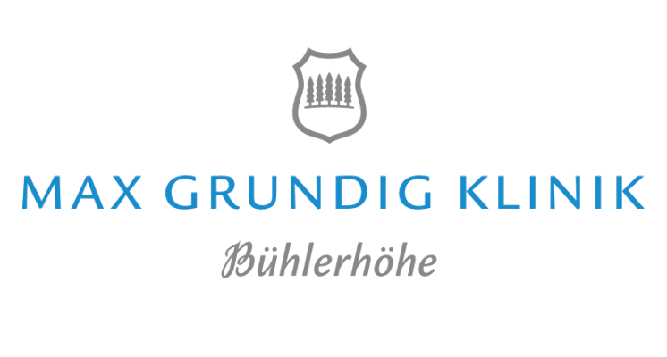 Logo with the words MAX GRUNDIG KLINIK in blue capitals, a faint crest above, and Bühlerhöhe in black script below. Visitors arriving in electric cars can enjoy free loading stations, including convenient pluq charging points.