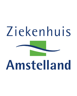 Logo for Ziekenhuis Amstelland featuring the hospital’s name in blue text, with a green square and a blue wavy line in the center—symbolizing connection, much like pluq charging stations for electric cars.