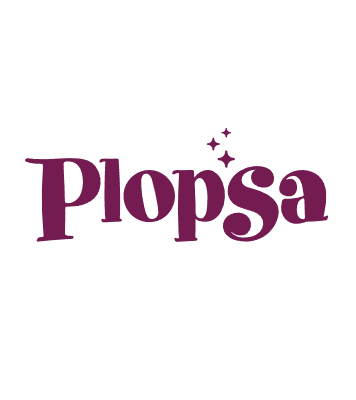 The image shows the word Plopsa in bold, purple font with four small stars above the letter s on a transparent background, ideal for promoting Pluq EV services or free loading stations.