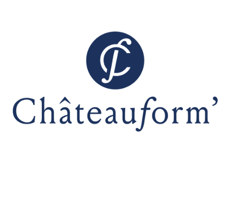 Châteauform logo featuring a dark blue circle with a stylized C and f inside, above the word Châteauform’ in a matching blue serif font—evoking innovation, perfect for venues that charge electric cars—on a transparent background.