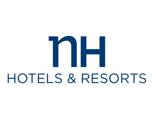The logo features the lowercase letters nh in a bold, blue font above the words HOTELS & RESORTS in uppercase blue letters on a white background, highlighting amenities like charge stations for electric cars.