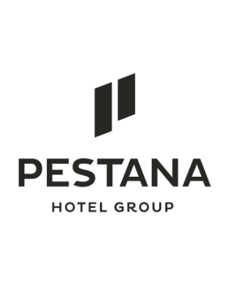 The image shows the Pestana Hotel Group logo, featuring two vertical, slanted bars above the bold text PESTANA and smaller text HOTEL GROUP underneath, with an added icon suggesting EV charging on a transparent background.