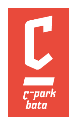 A red rectangular logo with a large white letter C above a horizontal white line. Below the line, the text reads c-park bata in a stylized white font, representing modern electric cars and pluq free loading stations.
