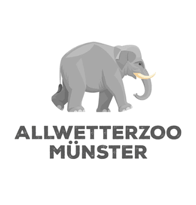 Logo of Allwetterzoo Münster showing a black elephant with yellow tusks above the words ALLWETTERZOO MÜNSTER in bold black letters, highlighting free loading stations for electric cars and convenient charging on-site.