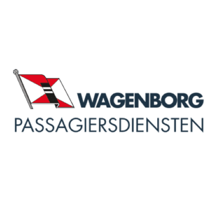 Logo with a red and white nautical flag next to the words Wagenborg Passagiersdiensten in bold, dark blue capital letters, representing reliable transport and support for electric cars with convenient EV charging options.
