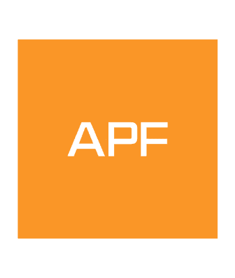 Orange square with the white letters APF centered in the middle, symbolizing Pluqs commitment to free loading stations and convenient charging solutions.