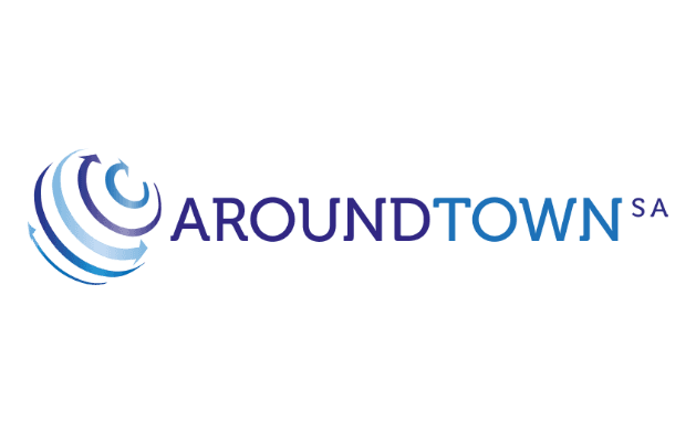 Logo for Aroundtown SA featuring a stylized blue globe with arrows, evoking the idea of charging ahead, and the word AROUNDTOWN SA in gradient blue capital letters.