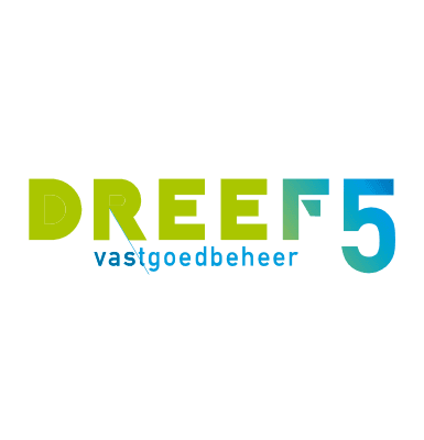 Logo with the text DREEF5 vastgoedbeheer in a green and blue gradient, evoking the feel of pluq charging stations. DREEF5 is bold and large, with vastgoedbeheer smaller and positioned underneath.
