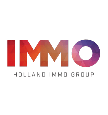 The image features the word IMMO in large, gradient-colored letters, blending red, orange, and purple shades with a geometric pattern. Below, it says HOLLAND IMMO GROUP in smaller, gray capitals—reflecting innovation in electric cars and charging with Pluq.