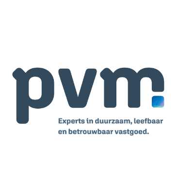 Logo with the lowercase letters pvm in bold dark blue. Underneath, smaller text reads: Experts in duurzaam, leefbaar en betrouwbaar vastgoed. A small blue-green gradient square appears next to the letter m, highlighting pluq and ev free loading stations.