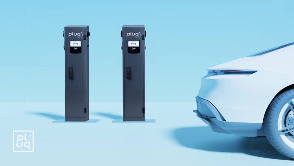 Two black electric vehicle charging stations are shown against a blue background, with the rear end of a white car visible on the right. The stations display pluq branding.