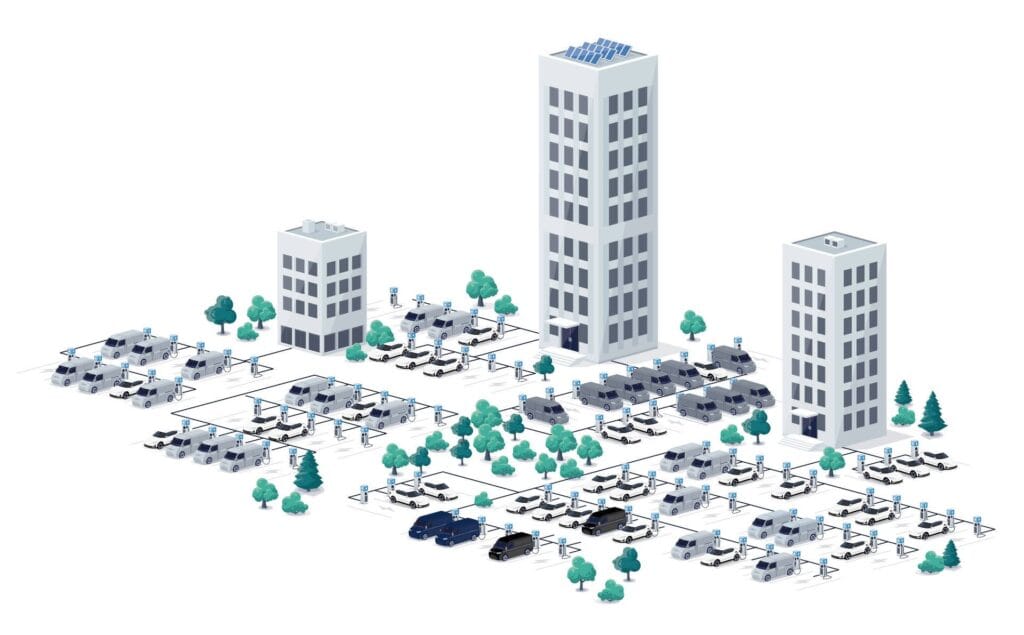 An illustrated office complex with three tall buildings, multiple parked cars, parking spaces, scattered trees, and people walking or standing throughout the area. Solar panels are visible on one building’s roof.