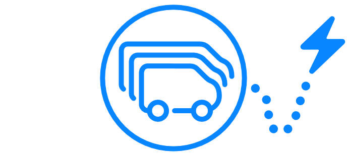 Blue icon of three overlapping delivery vans inside a circle, with a lightning bolt and small dots to the right, symbolizing Pluq’s energy-efficient fleet solutions for businesses.