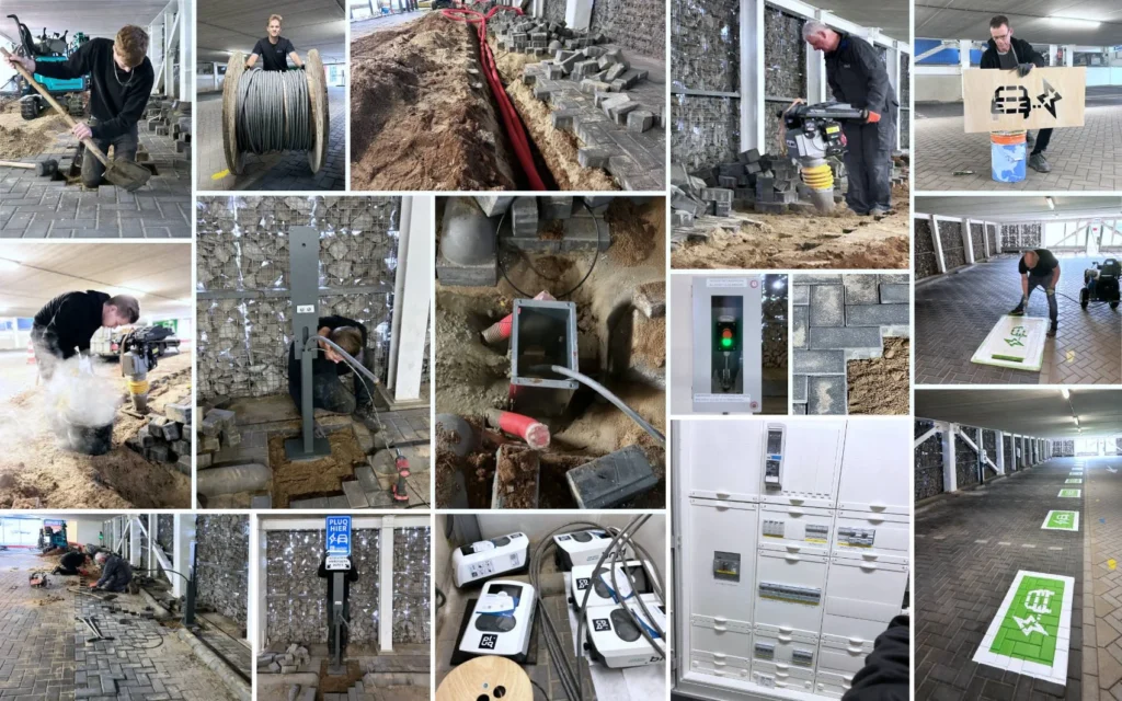 Collage showing workers installing EV charging stations, digging, handling cables, using tools, and assembling electrical panels in a paved parking garage with signs marking EV charging spots—a visual guide for business installations.